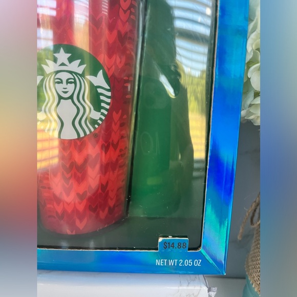 New STARBUCKS red and green 16 oz. Acrylic cold beverage cup with straw. - Picture 2 of 6